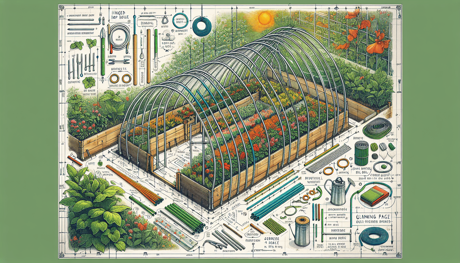 A detailed illustration of planning a hinged hoop house, showcasing the layout and materials needed.