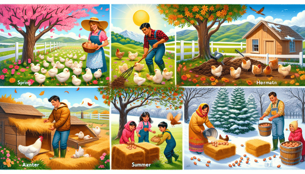 A variety of hobby farm chores depicted in a seasonal illustration.