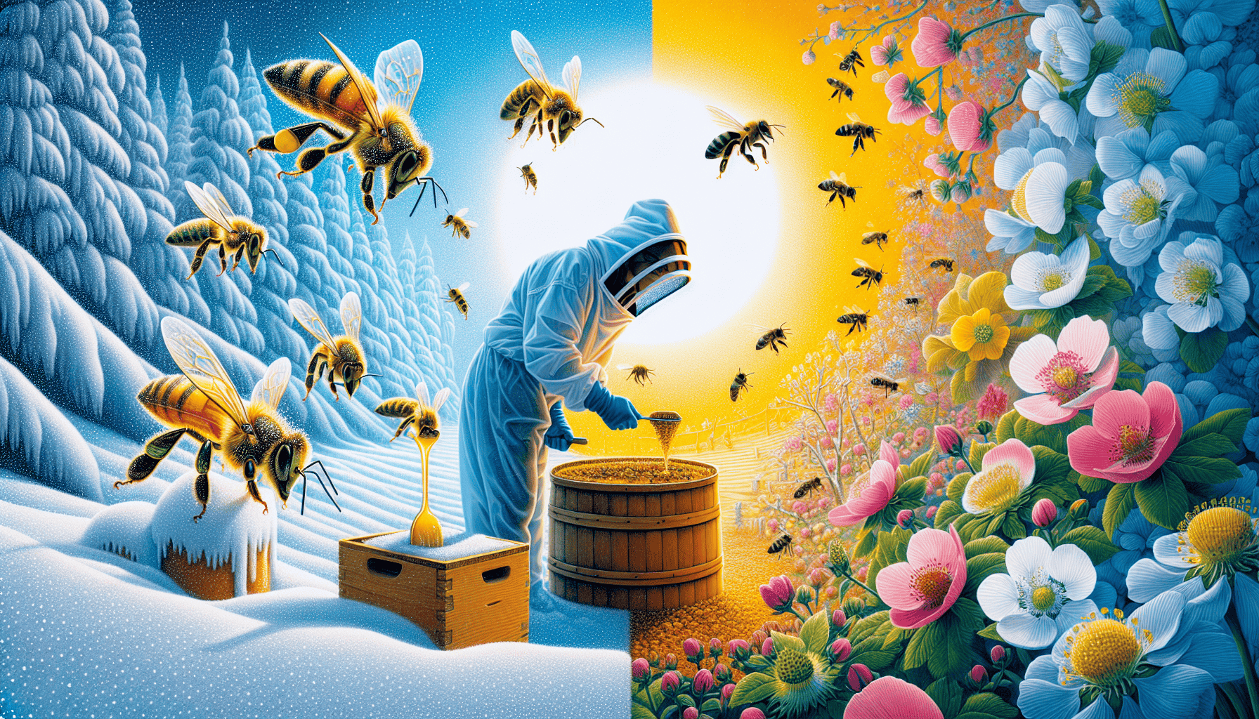 An illustration of seasonal feeding strategies for honey bees, highlighting winter and spring feeding.