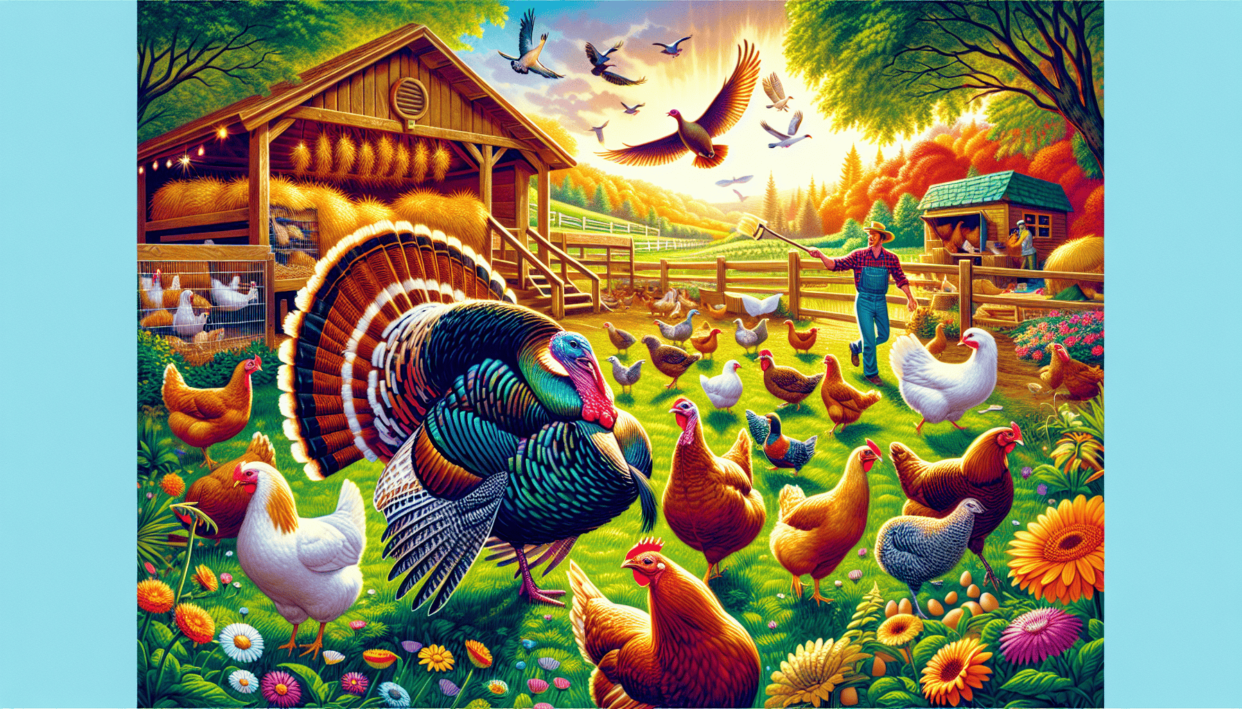 An illustration depicting the benefits of raising turkeys, showcasing various advantages in a farm setting.