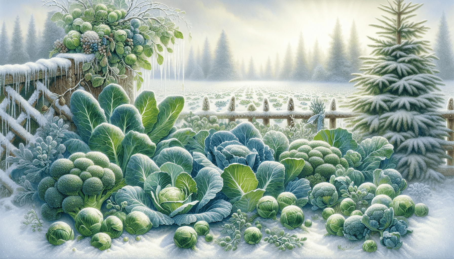 Cold-hardy brassicas like brussels sprouts and broccoli in a winter garden.