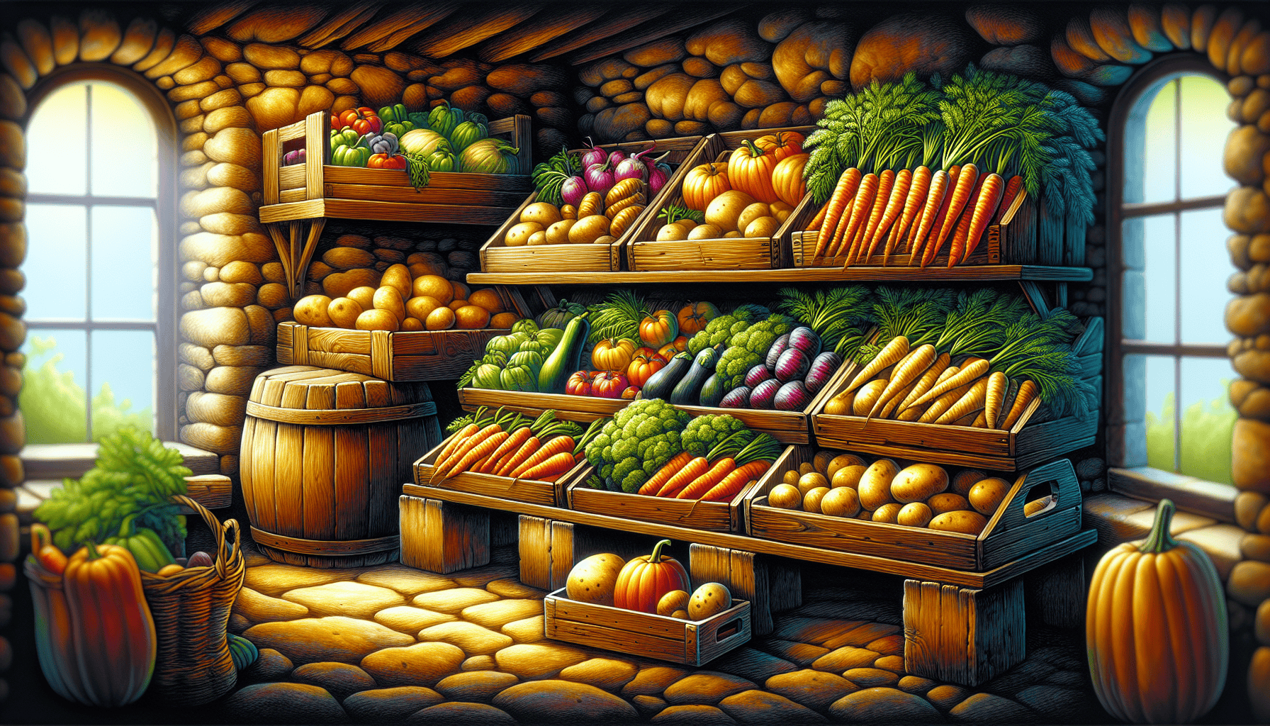 An illustration of different types of produce being stored in a root cellar.