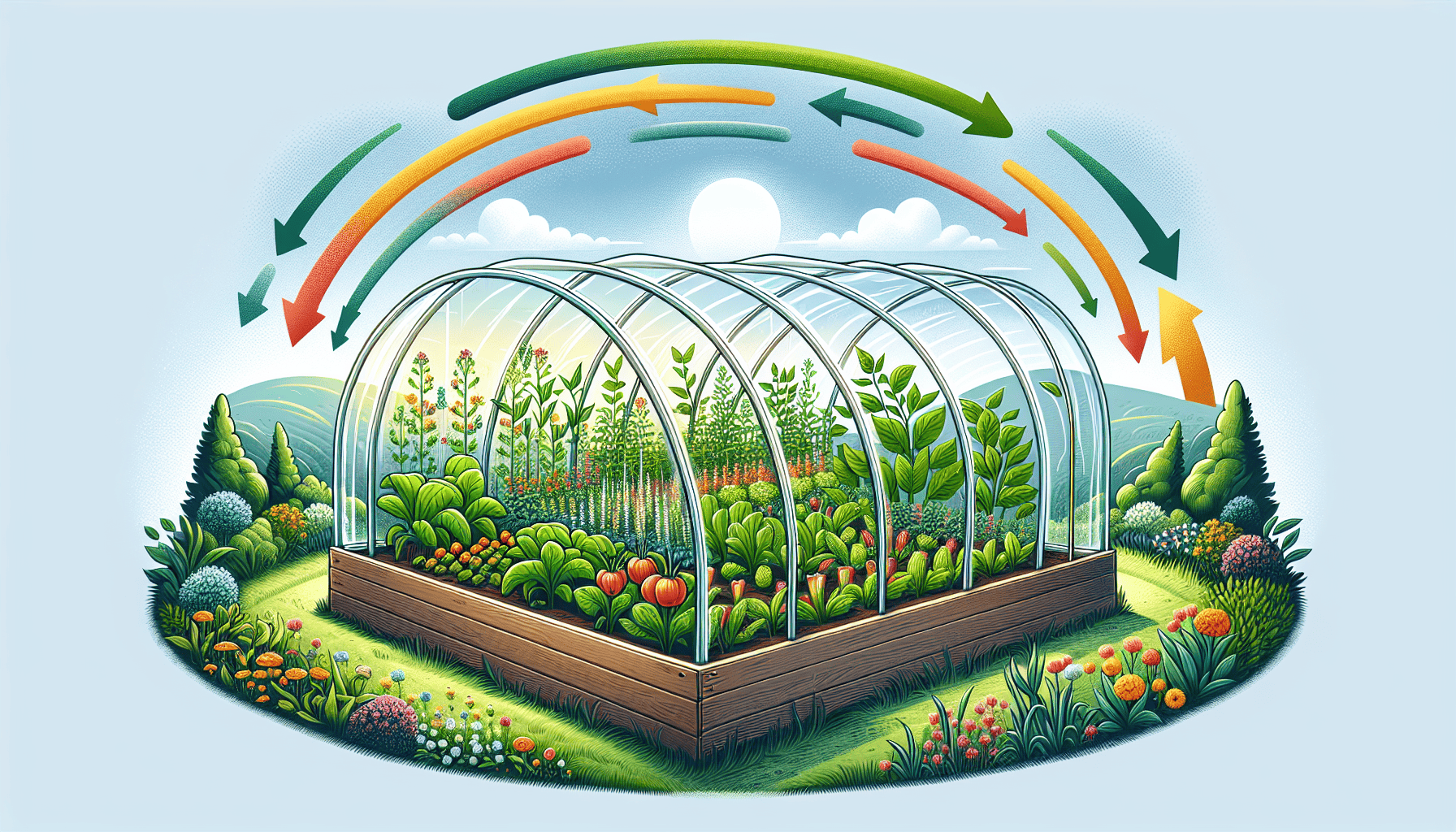 An illustration showing the benefits of hinged hoop houses for raised beds, highlighting plant growth and protection.