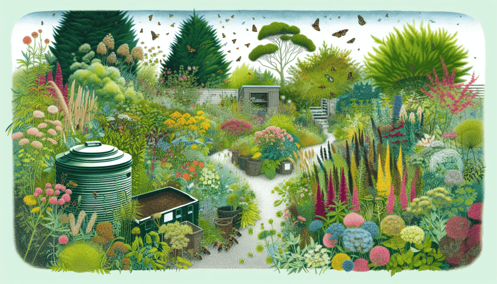 Illustration of a garden reducing carbon footprint with native plants