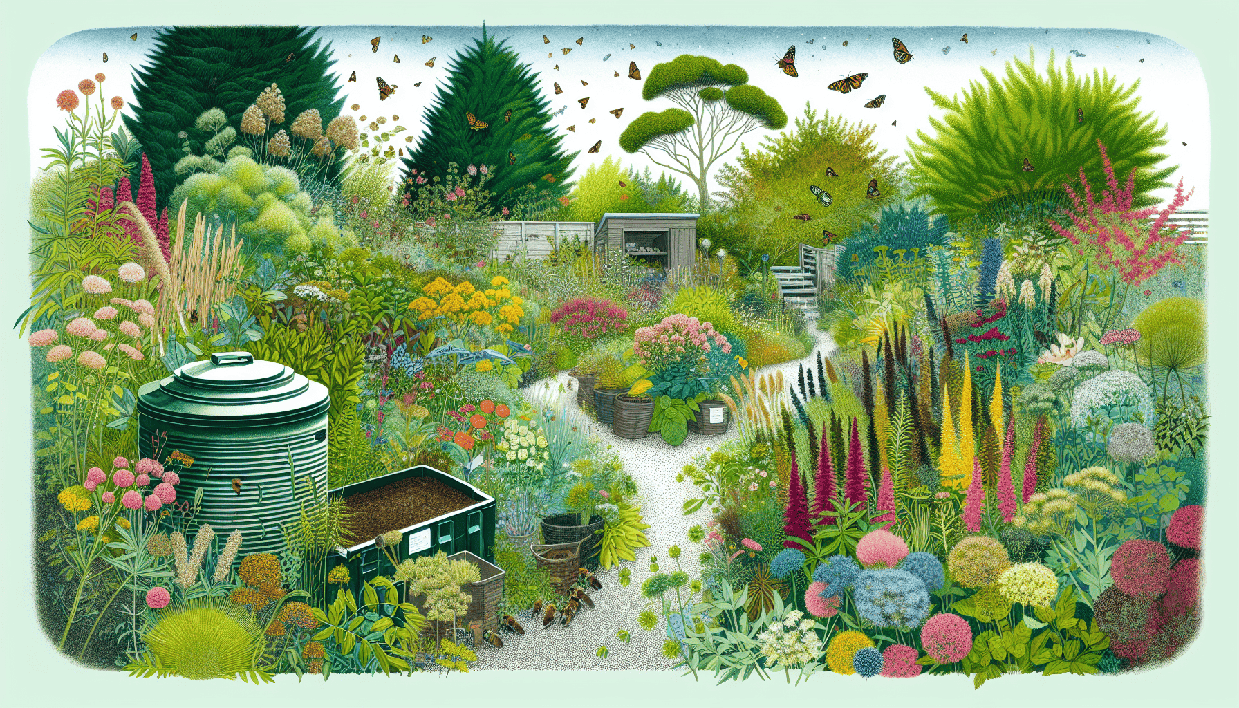 Illustration of a garden reducing carbon footprint with native plants