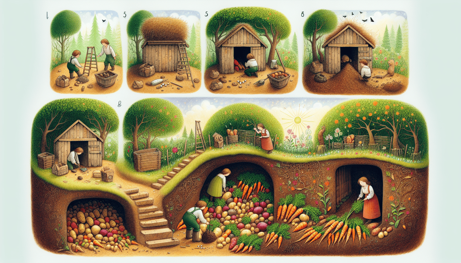 An artistic representation of building a root cellar, showing construction steps and materials.