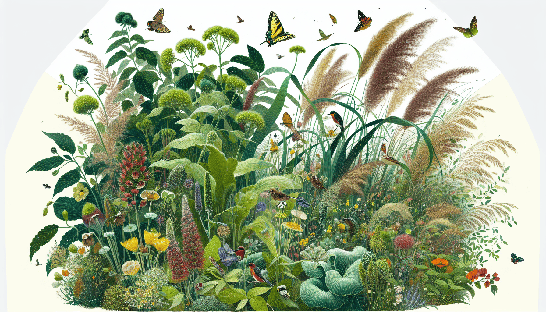 Illustration of a diverse garden with native plants and local wildlife