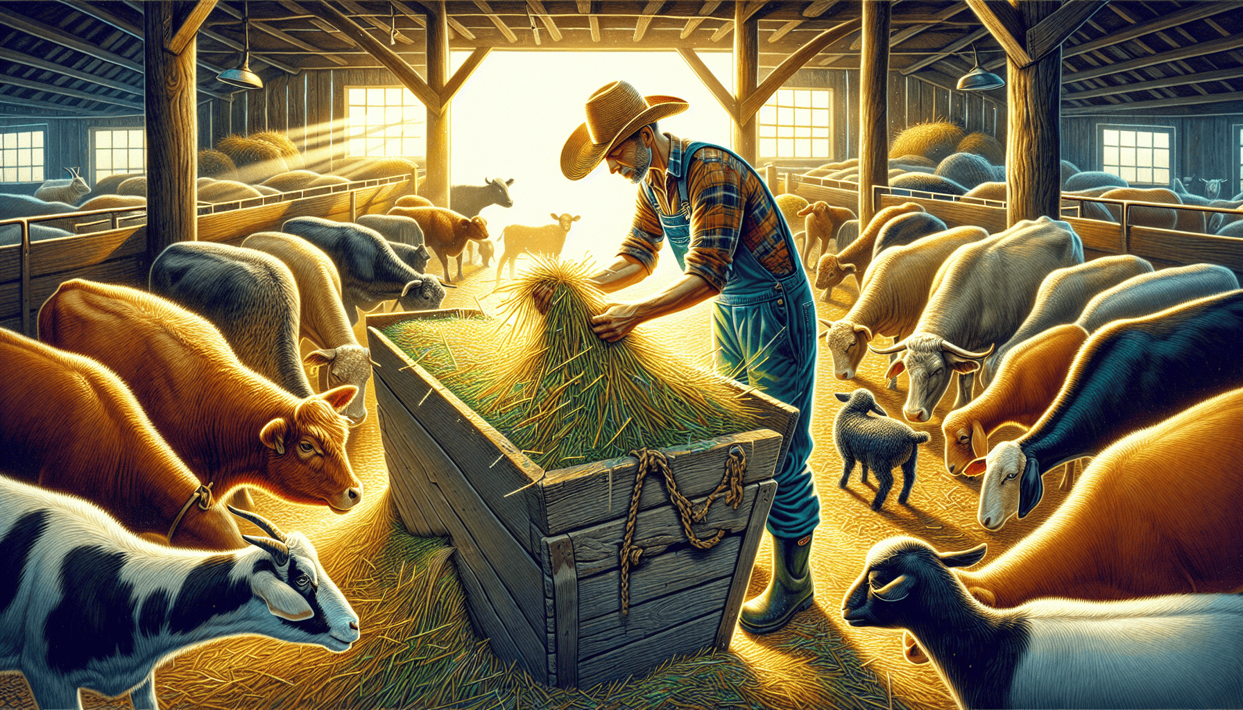 An illustration showing best practices for feeding hay to livestock.