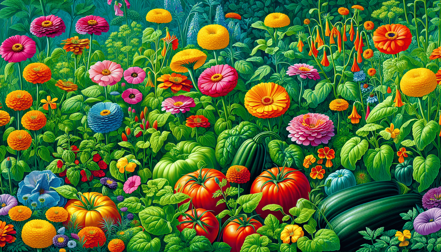 An illustration of flowers that repel pests in a vegetable garden.