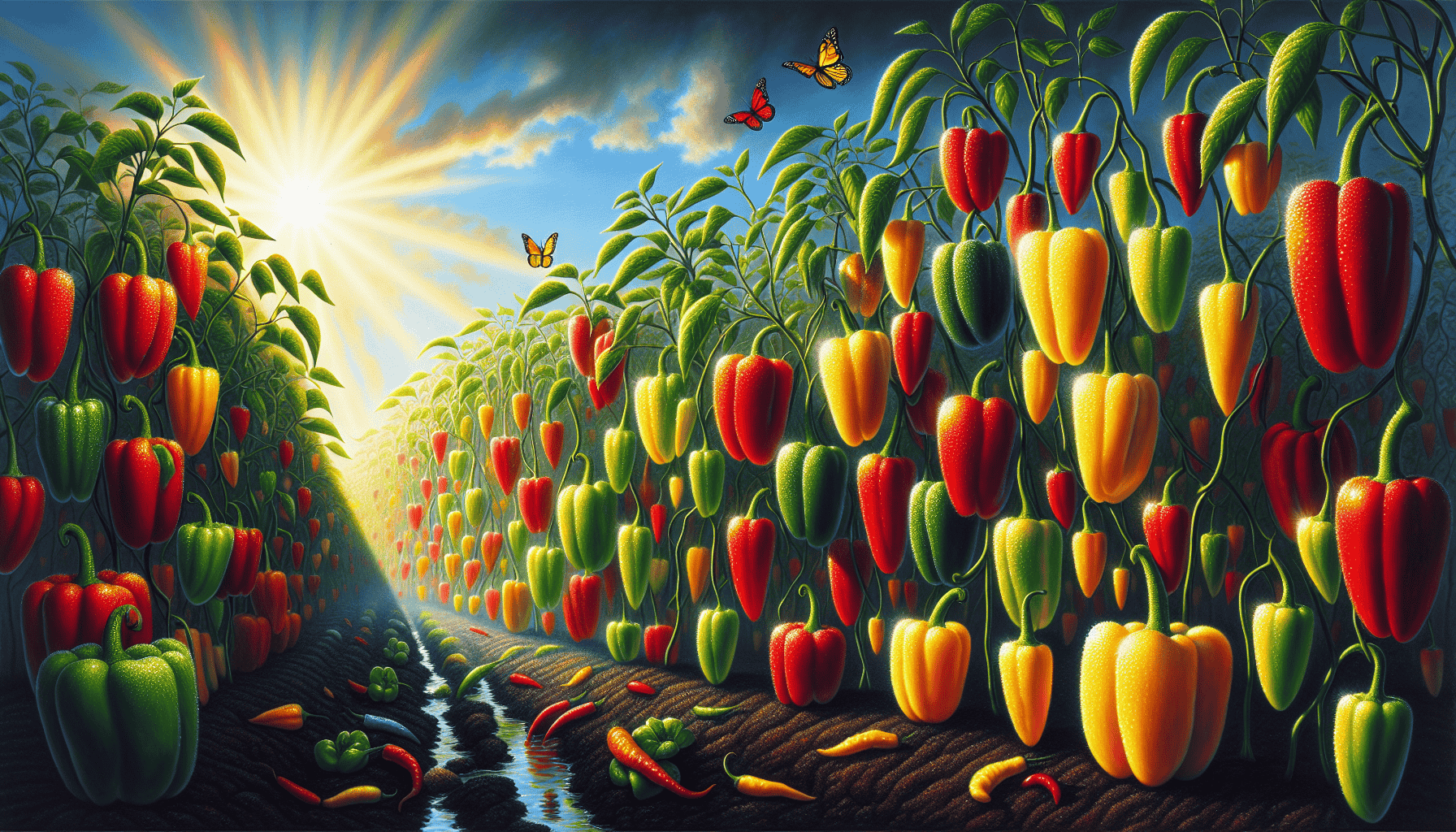 A vibrant drawing of bell peppers in a garden setting.