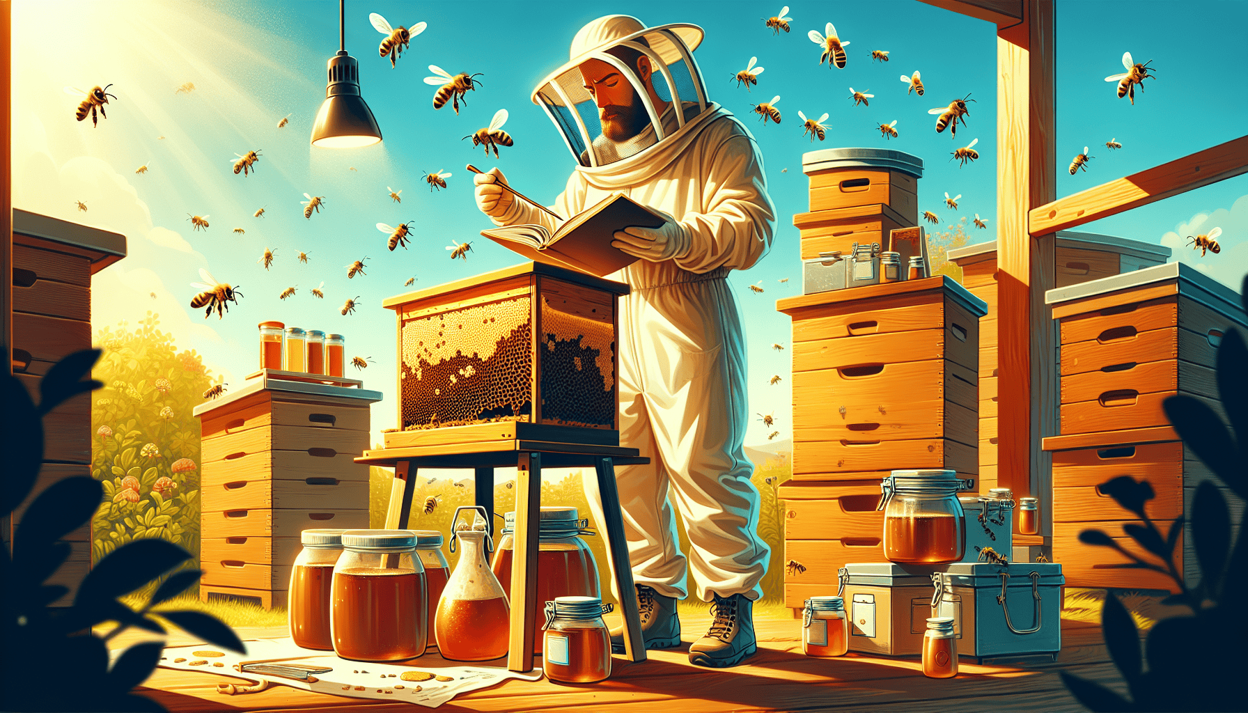 An illustration demonstrating how to monitor and adjust feeding practices for honey bees.