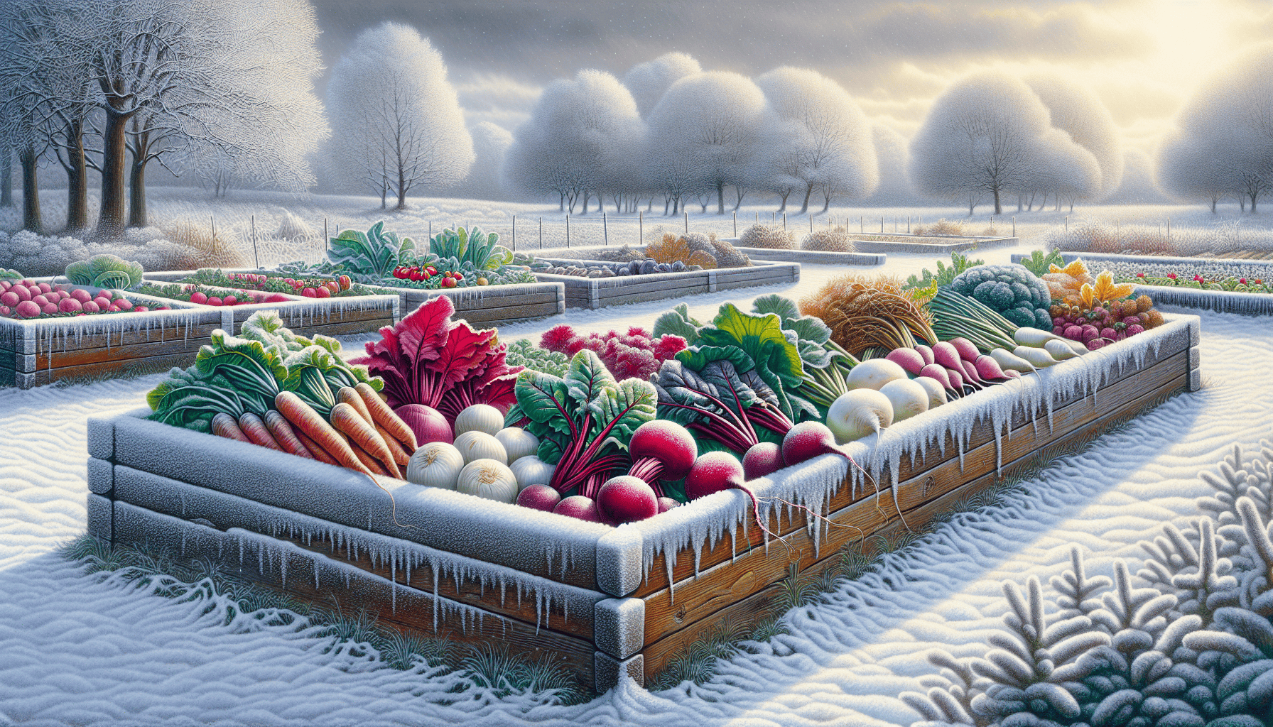 Root vegetables such as beets and turnips growing in raised beds during winter.