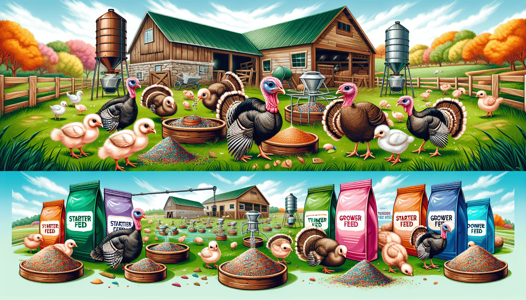 An illustration showing different types of turkey feed and feeding setups for young turkeys.