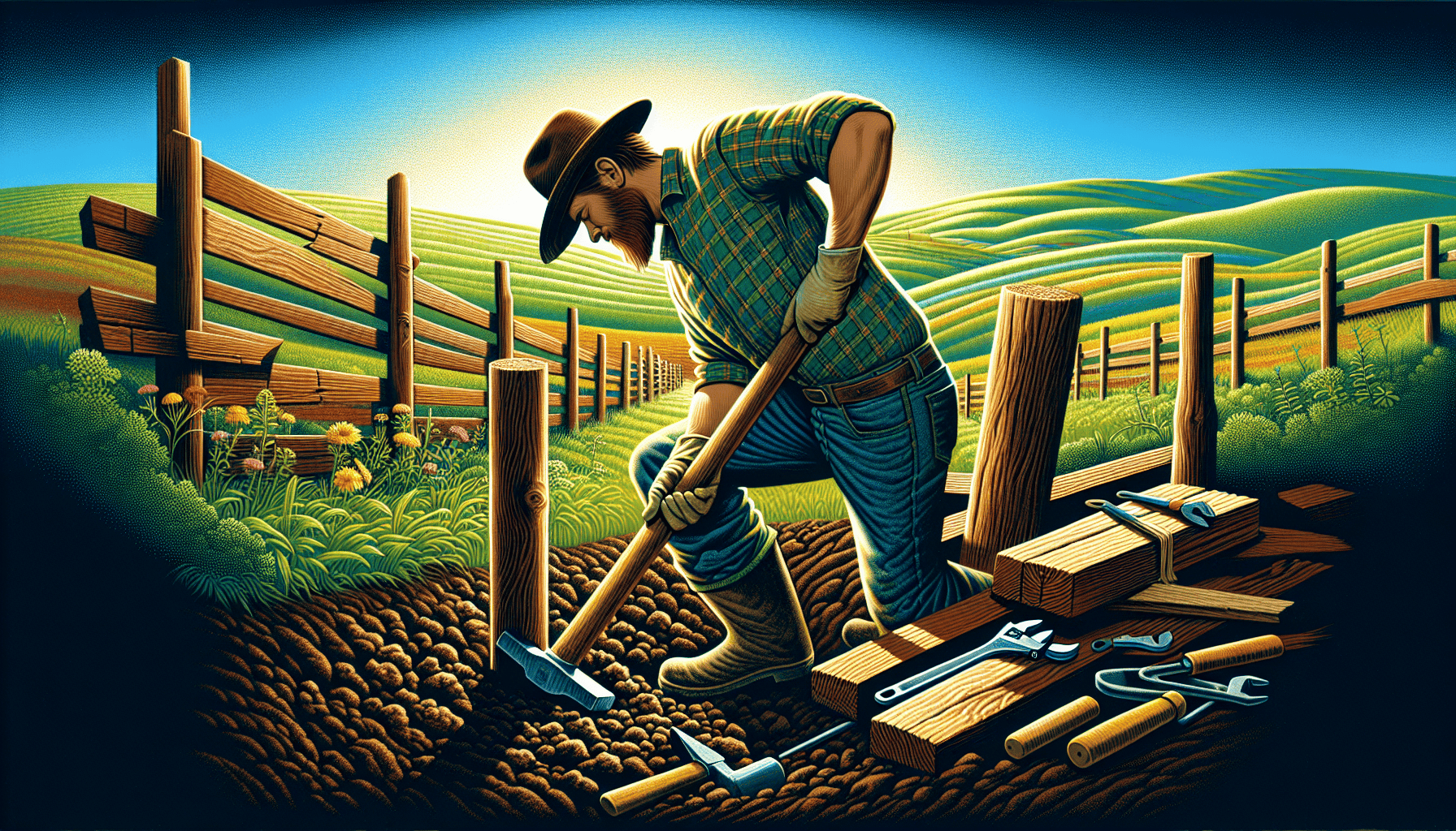 A farmer installing a fence post.