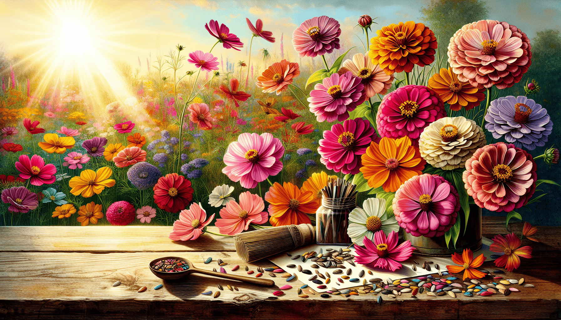 An illustration representing a variety of flowers to plant in April, including zinnia and cosmos.