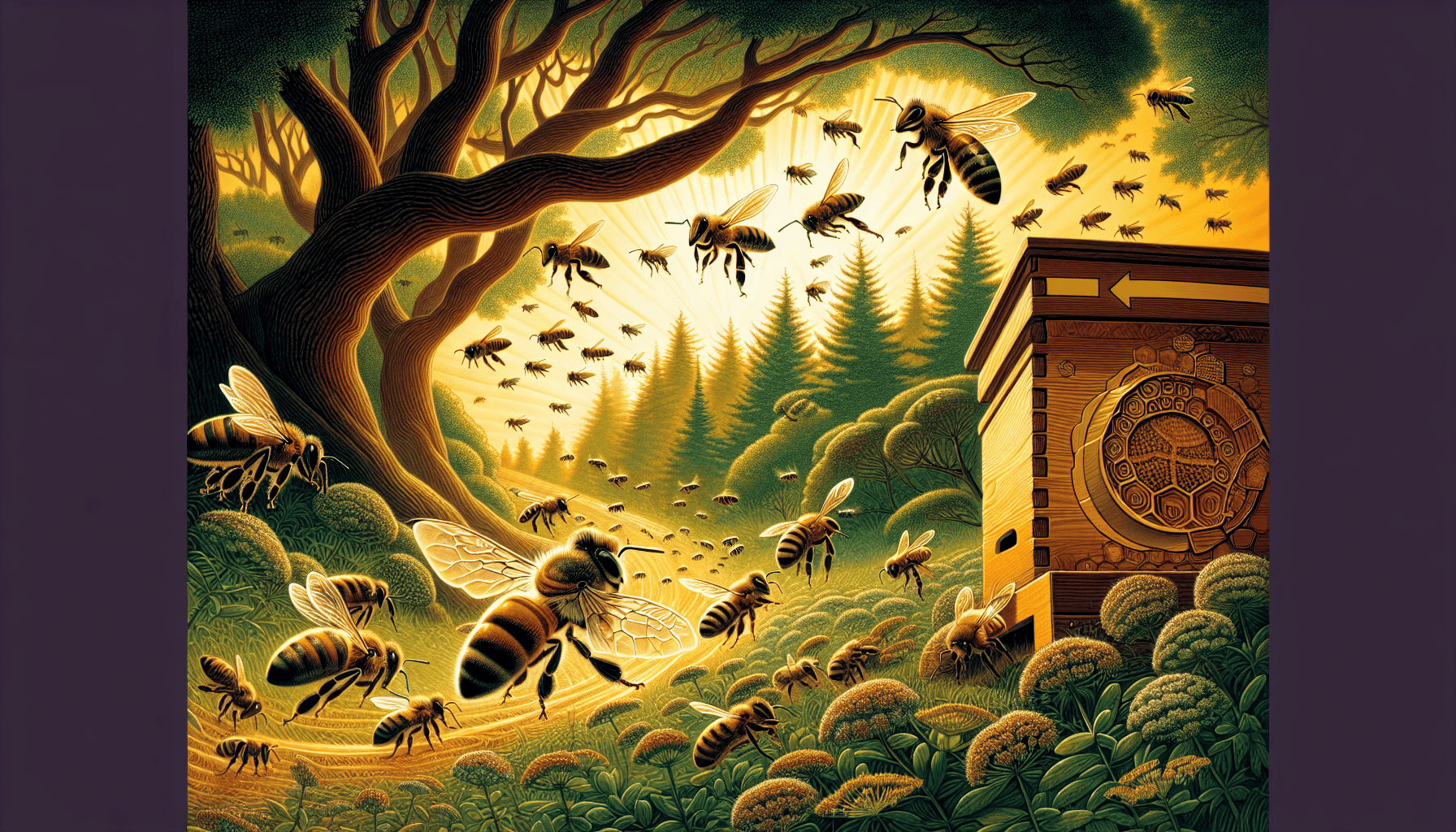 An illustration of the swarming process of honey bees.