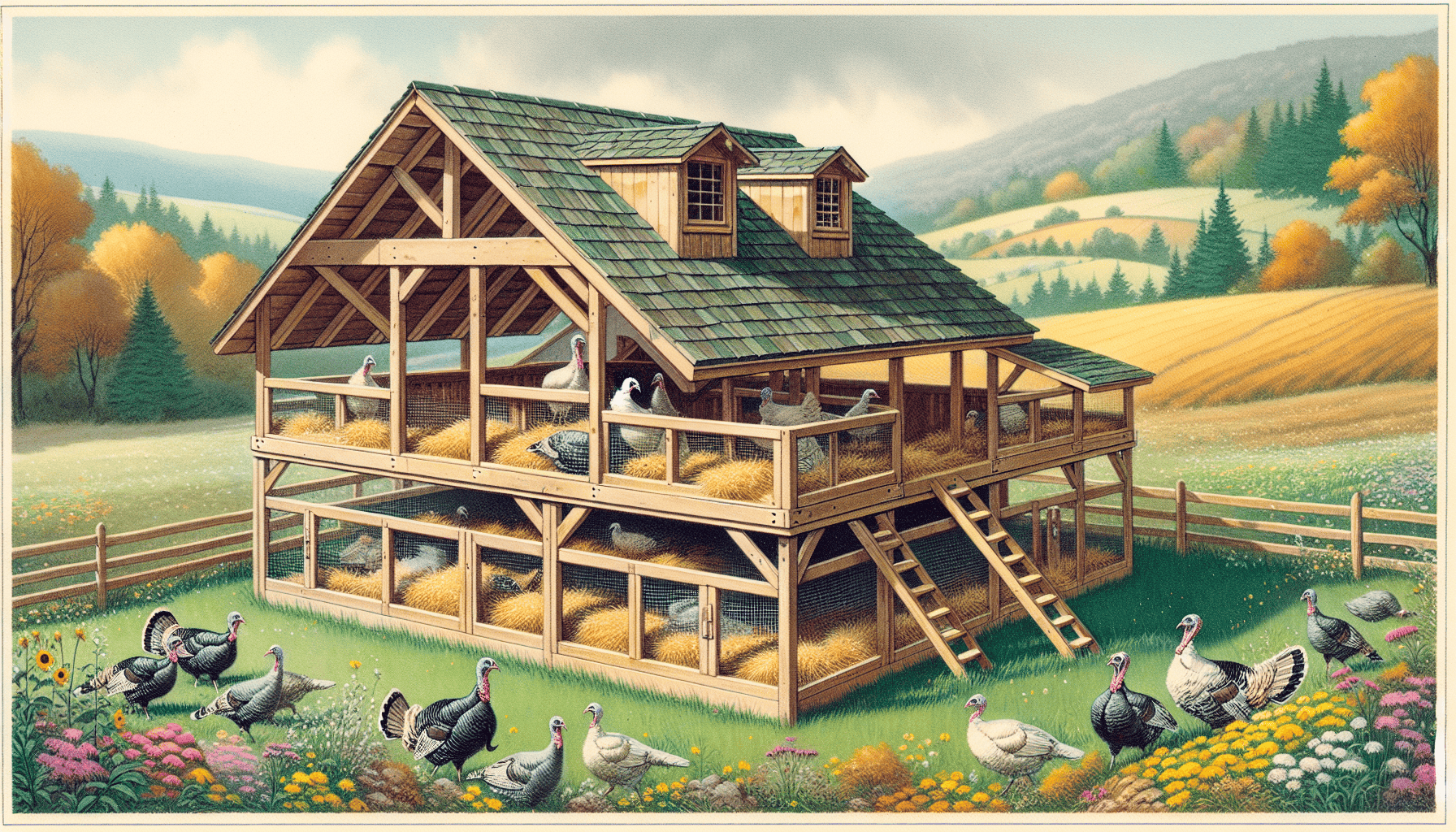 An illustration of a well-constructed turkey coop, emphasizing features like elevated roosting spots and nesting boxes.