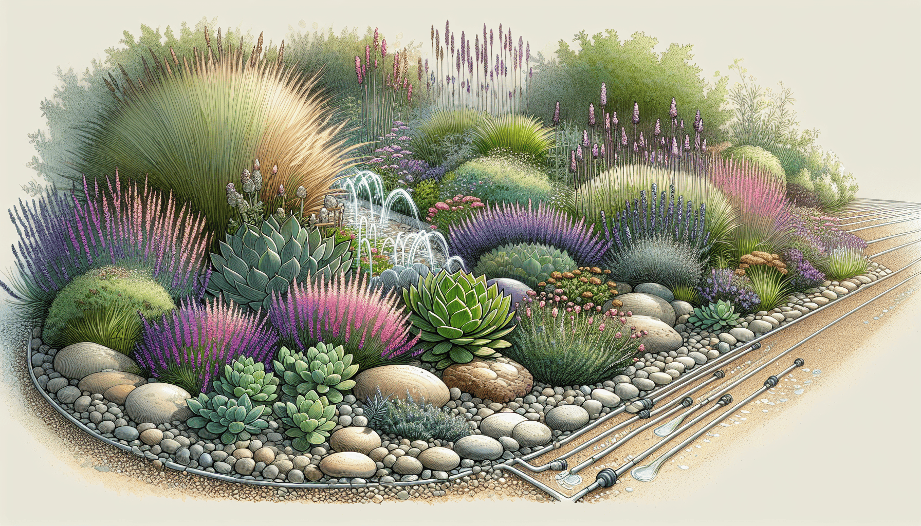 Illustration of water-wise gardening with drought-tolerant plants