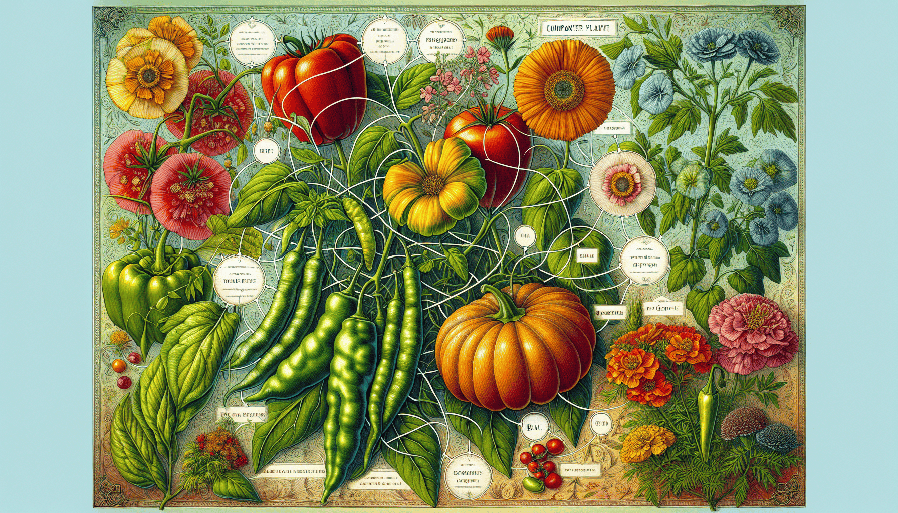 An illustrated chart showing the best companion plants for vegetable gardens.