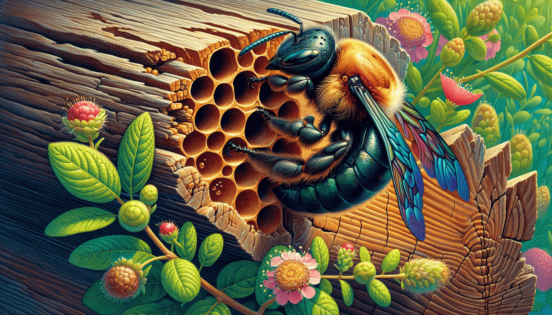 An illustration of carpenter bees, highlighting their nesting behavior.