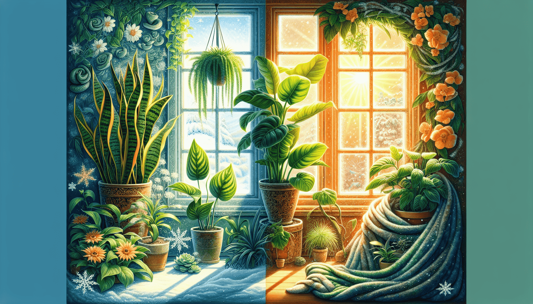 Seasonal care tips for indoor plants depicted with a variety of plants suitable for different seasons.