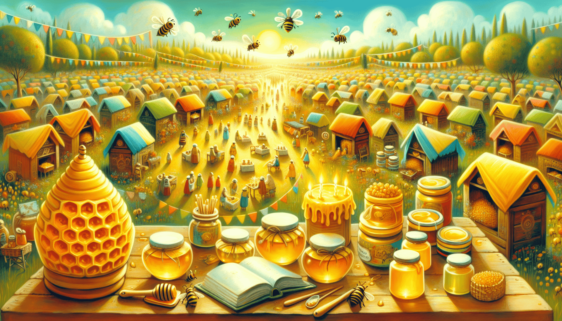 A creative illustration showcasing the expansion of a honey business.