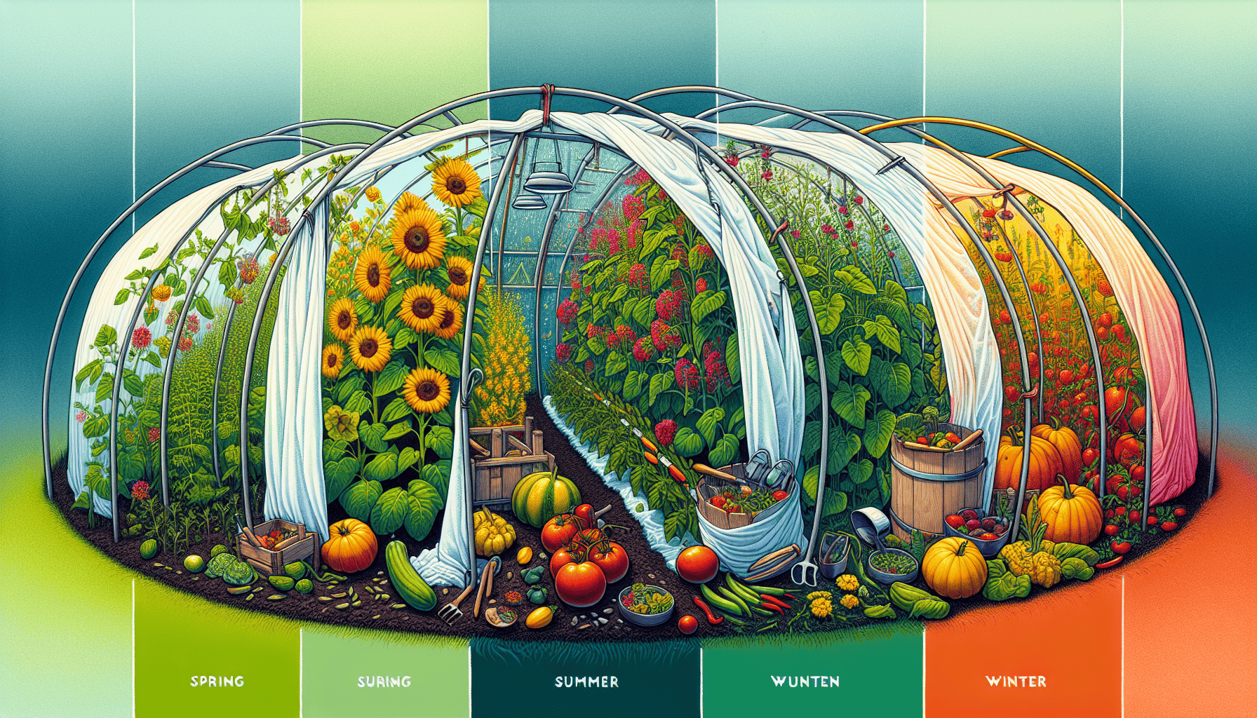 An illustration depicting seasonal adjustments for a hoop house, showing different crops and weather conditions.